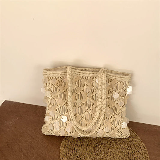 2026 New design cotton cord hand weave shell decoration white beach bag