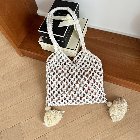 Hand-woven white cotton hollow mesh shoulder beach bag