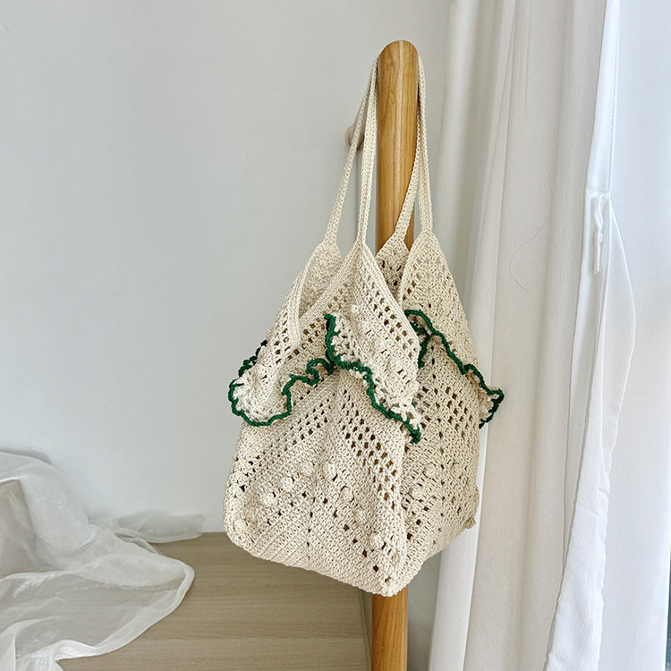 Women's hollowed-out cotton Hand-woven knitting shoulder bag