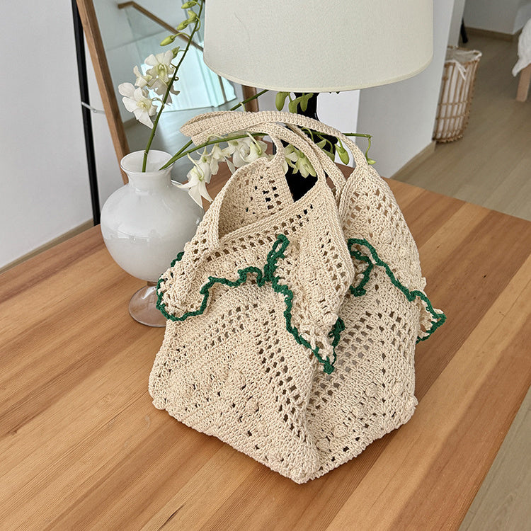 Women's hollowed-out cotton Hand-woven knitting shoulder bag