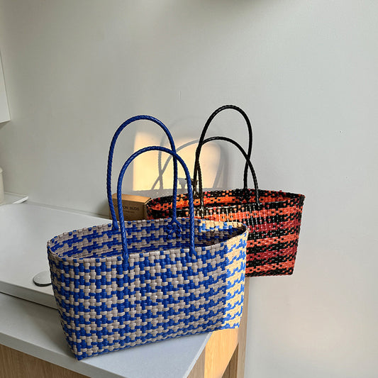 Fashion hand-woven plastic knitting basket bag