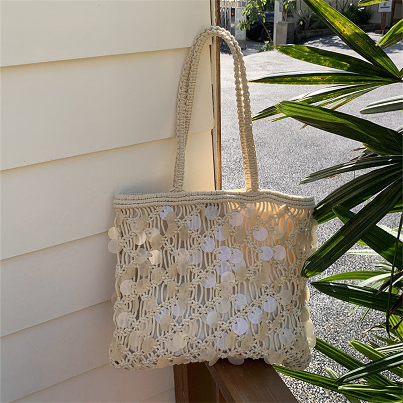 2026 New design cotton cord hand weave shell decoration white beach bag