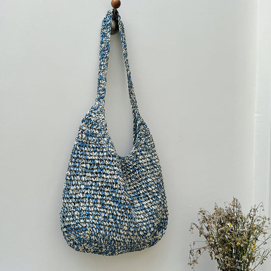 Women hand-woven summer blue knitting straw shoulder bag