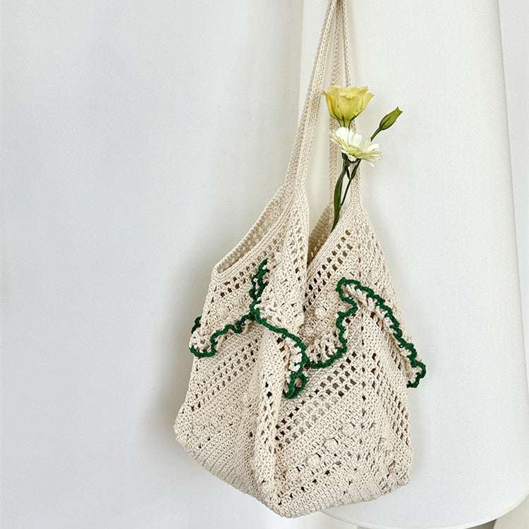 Women's hollowed-out cotton Hand-woven knitting shoulder bag