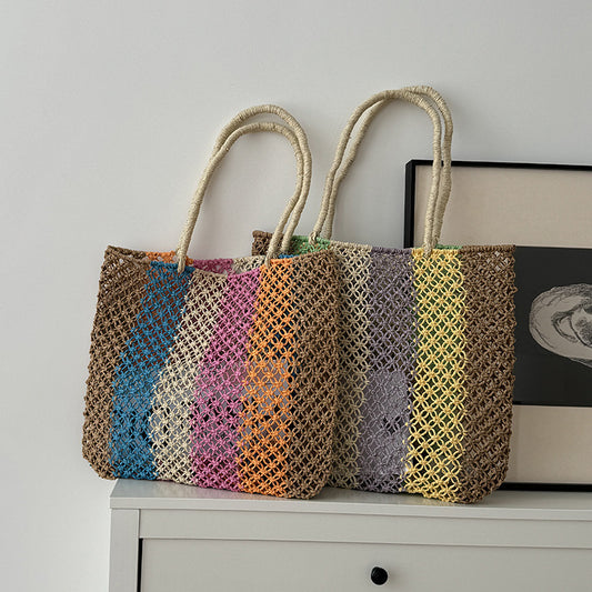 Women hand-woven colorful striped straw handbag