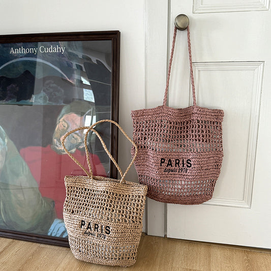 Paris embroidery shoulder hollow handmade woven paper straw bag