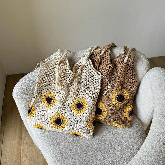 Flower cotton thread hollow out holiday beach woven shoulder bag