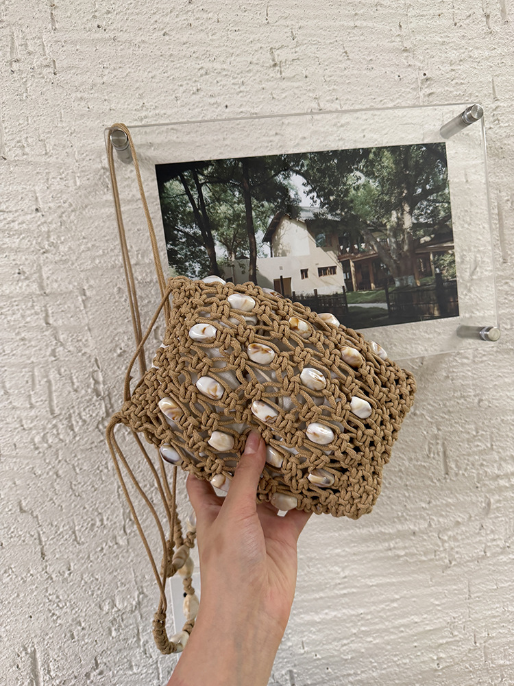 New design summer cord and beads handwoven mesh bag