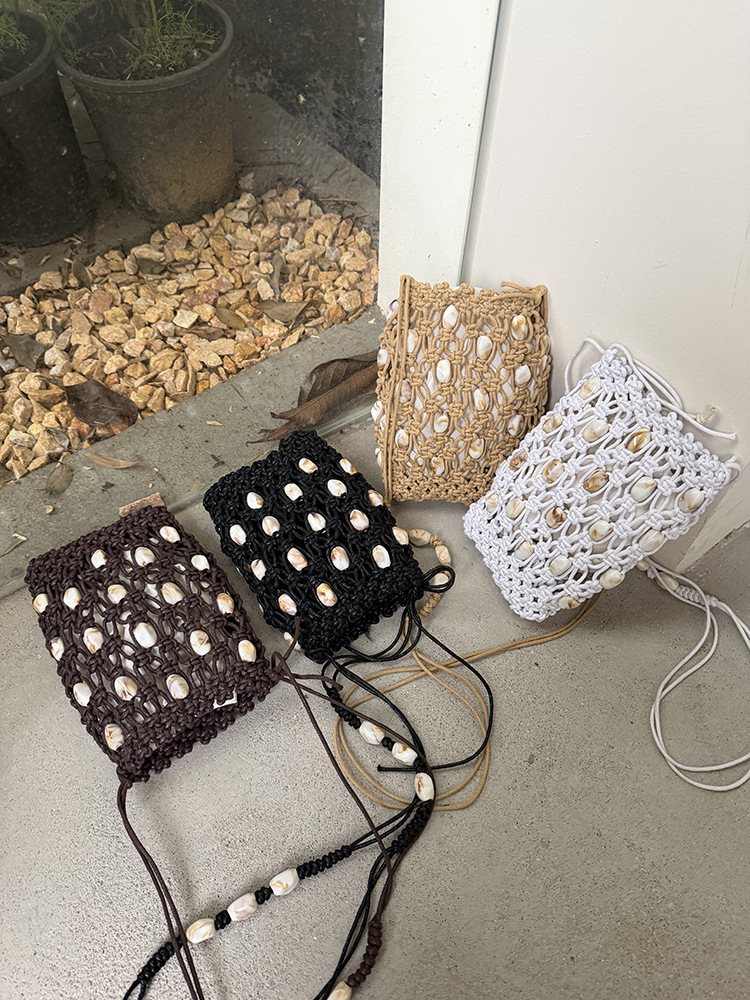 New design summer cord and beads handwoven mesh bag