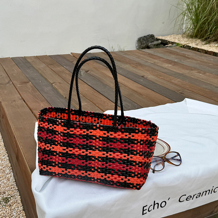 Fashion hand-woven plastic knitting basket bag