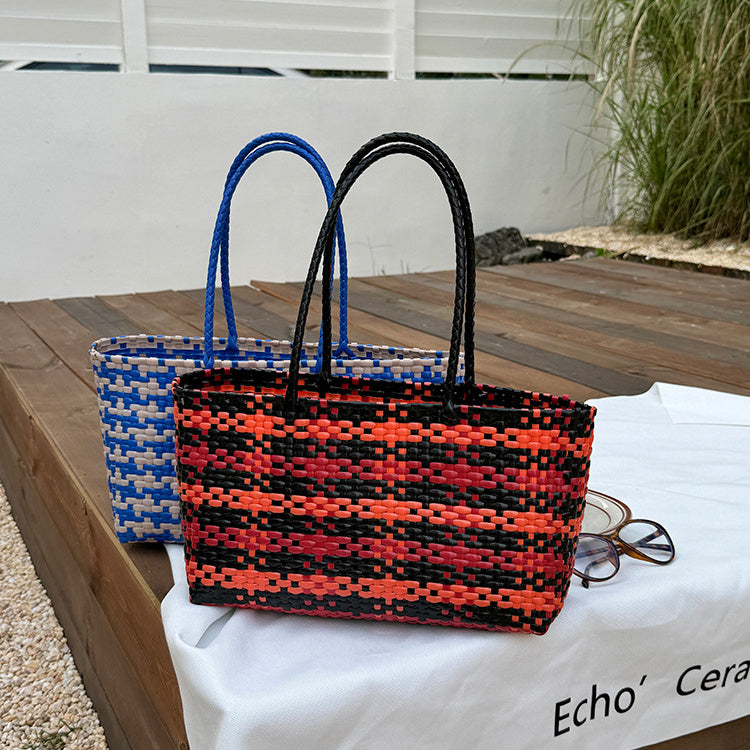 Fashion hand-woven plastic knitting basket bag