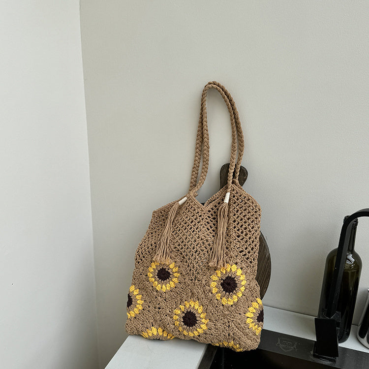 Flower cotton thread hollow out holiday beach woven shoulder bag