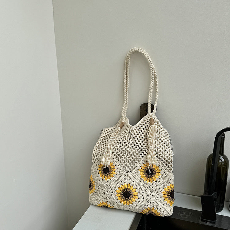 Flower cotton thread hollow out holiday beach woven shoulder bag