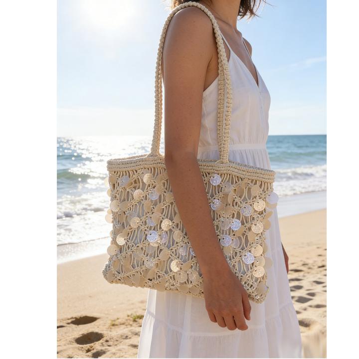 2026 New design cotton cord hand weave shell decoration white beach bag