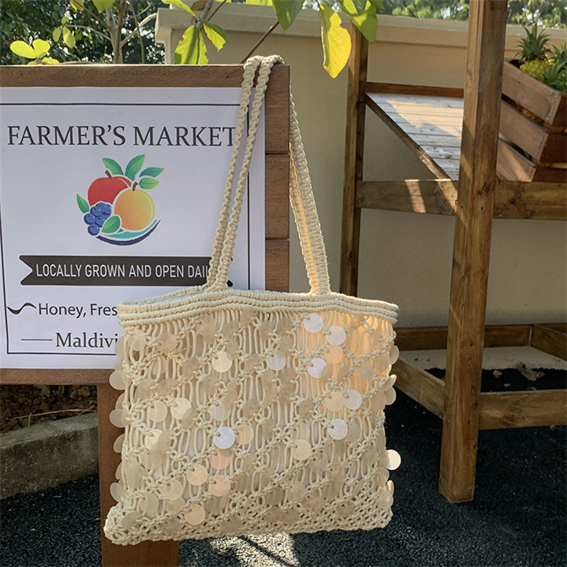 2026 New design cotton cord hand weave shell decoration white beach bag