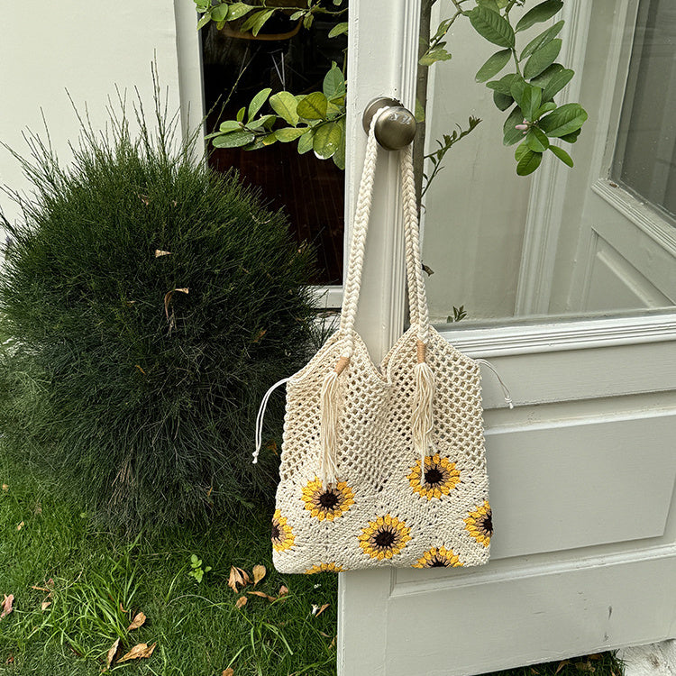 Flower cotton thread hollow out holiday beach woven shoulder bag